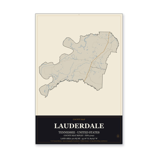 Lauderdale County, Tennessee Map Aluminum Sign in Museum Plaque style