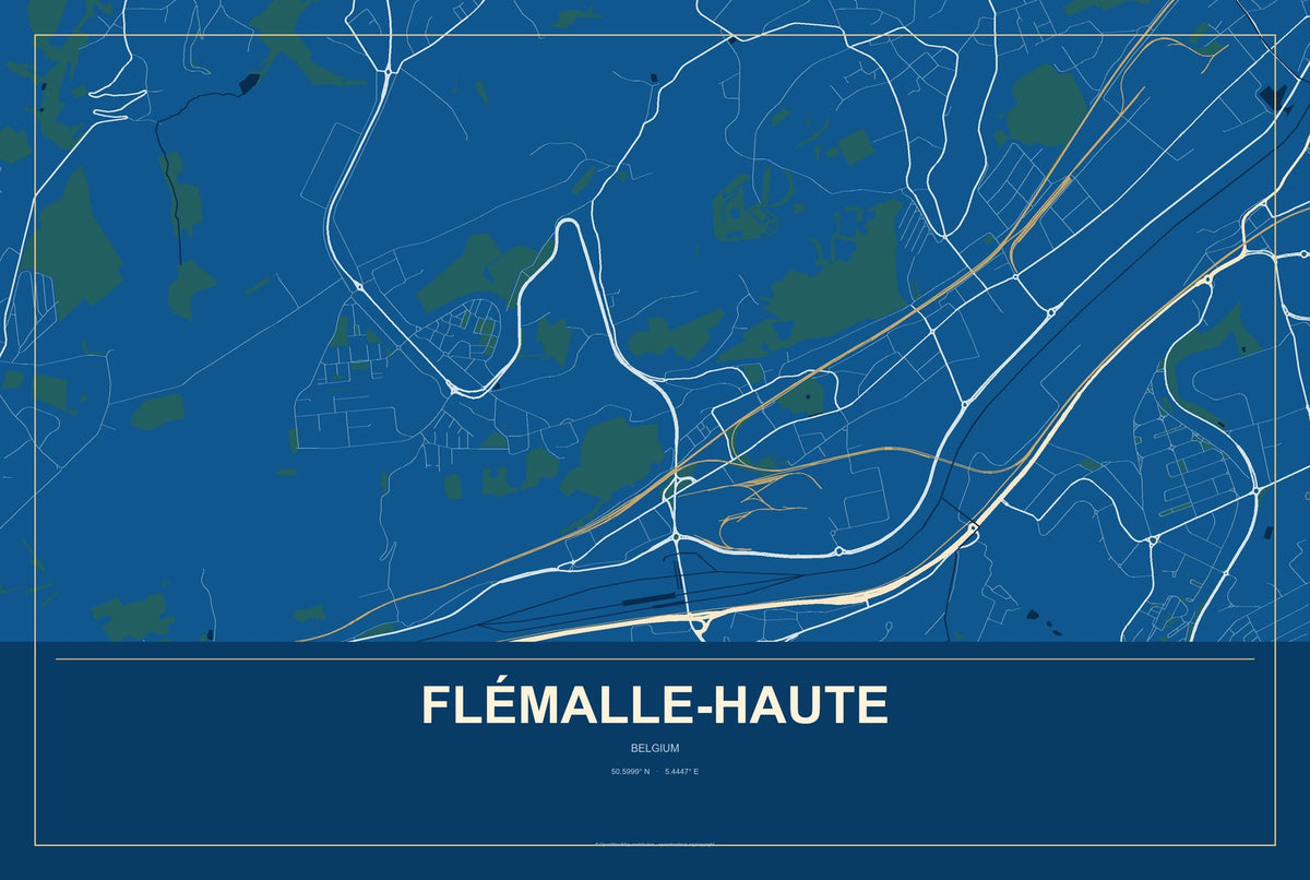 Flémalle-Haute, Belgium City Map Aluminum Sign in Harbor Cobalt style