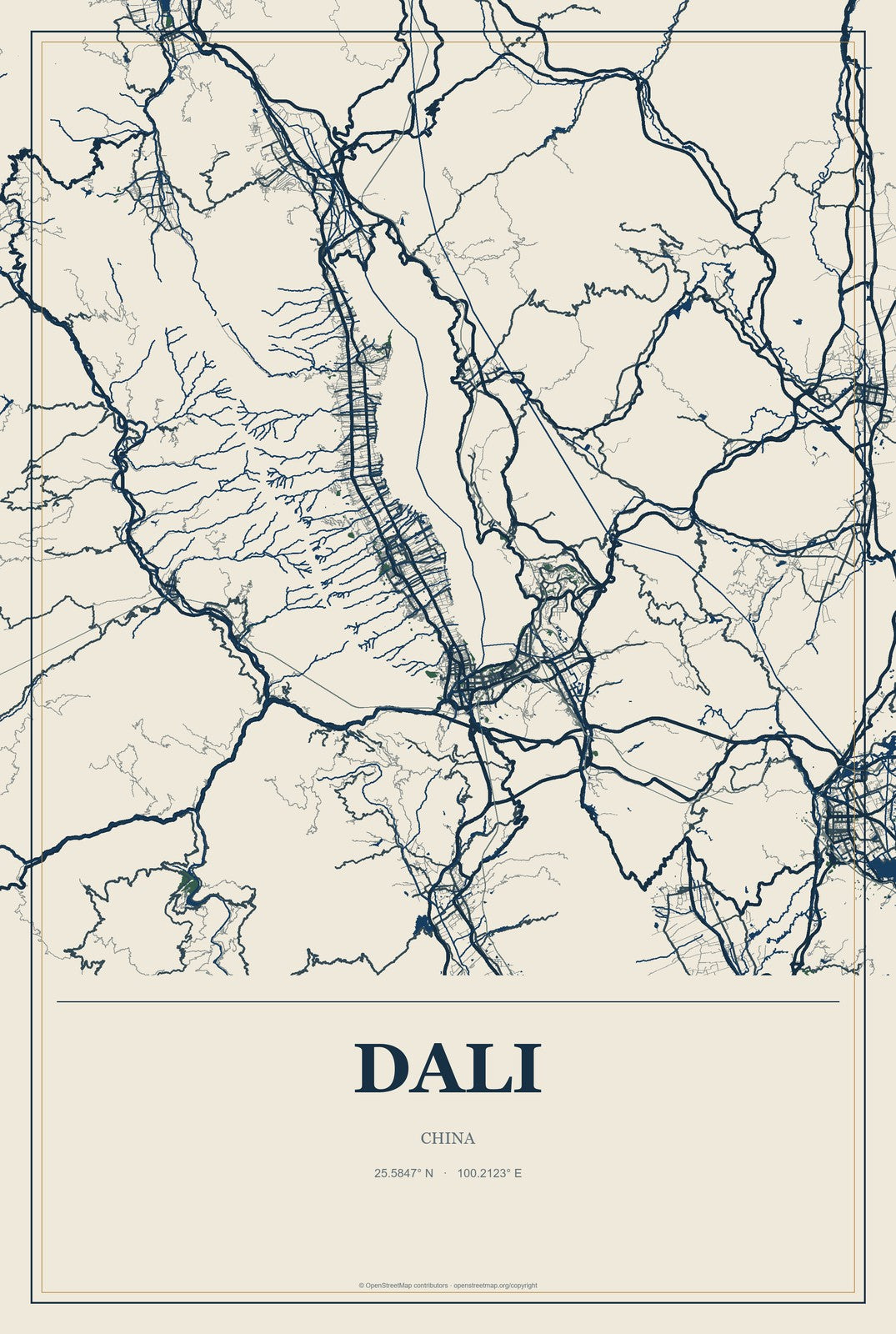 Dali, China City Map Aluminum Sign in Coastal Cutout style