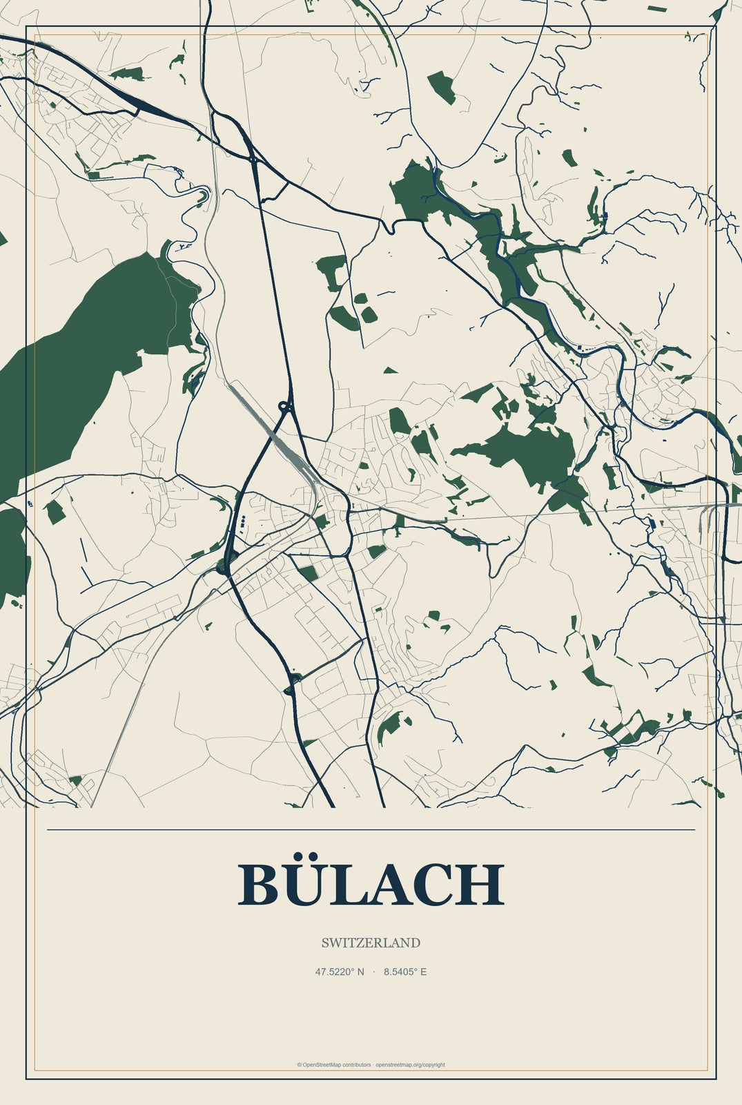 Bülach, Switzerland City Map Aluminum Sign in Coastal Cutout style