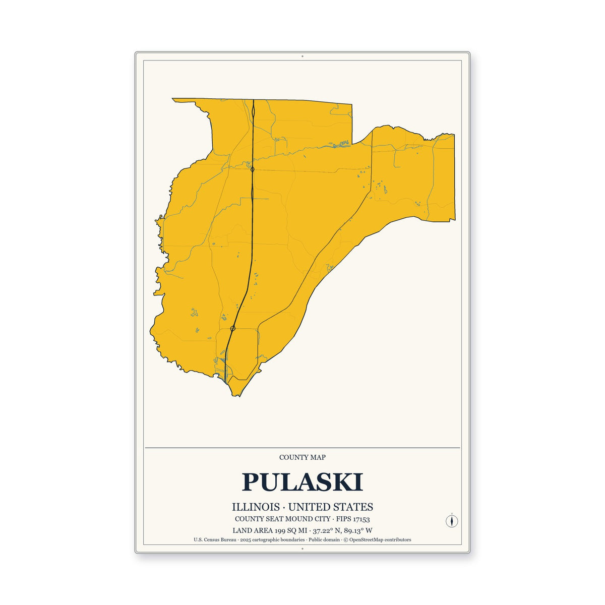 Pulaski County, Illinois Map Aluminum Sign in Citrine Modern style