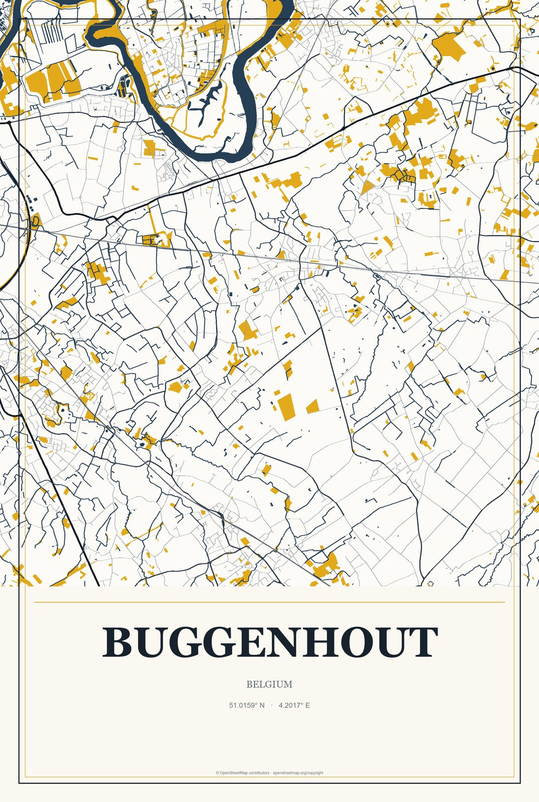 Buggenhout, Belgium City Map Aluminum Sign in Citrine Modern style