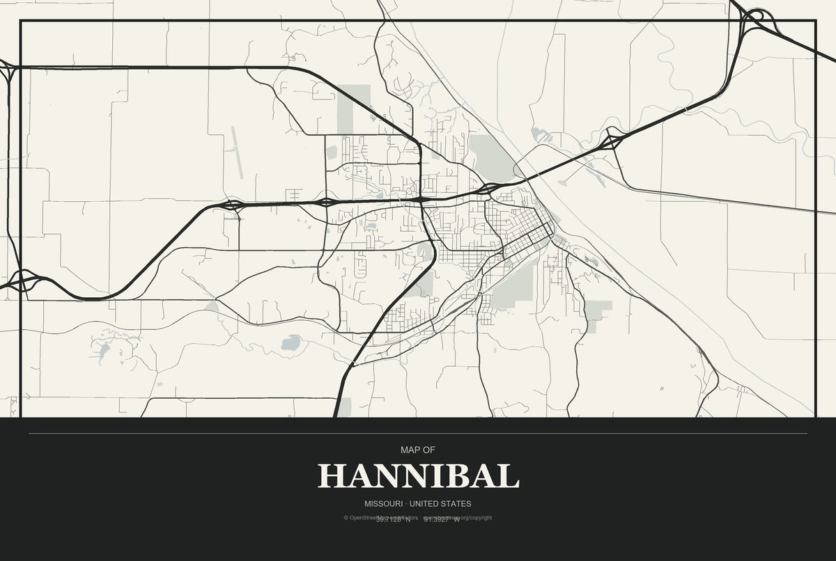 Hannibal, Missouri City Map Aluminum Sign in Museum Plaque style