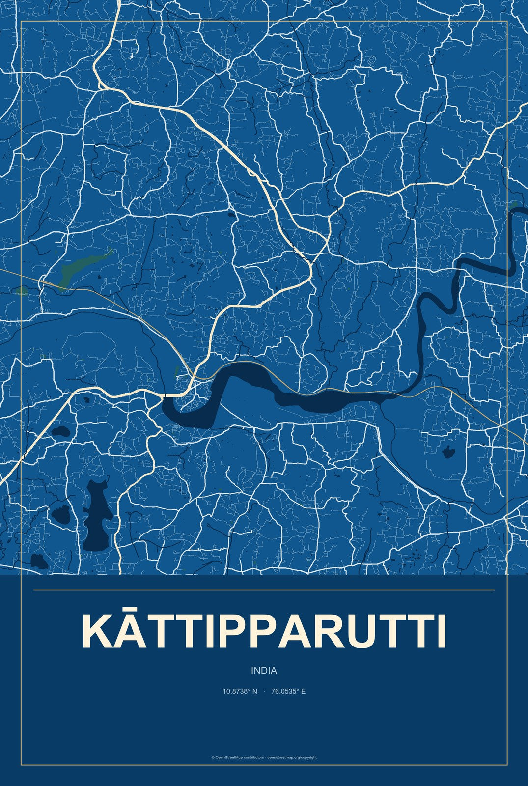Kāttipparutti, India City Map Aluminum Sign in Harbor Cobalt style