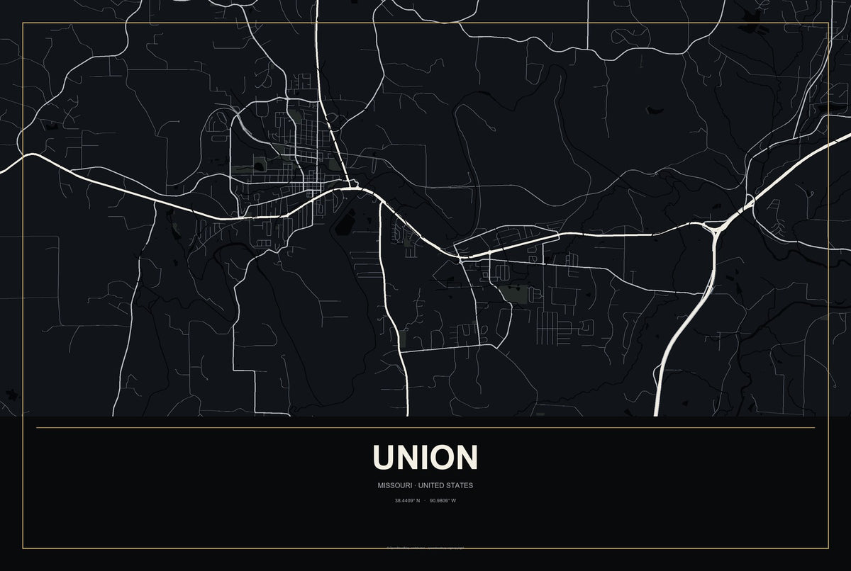 Union, Missouri City Map Aluminum Sign in Metropolitan Noir style
