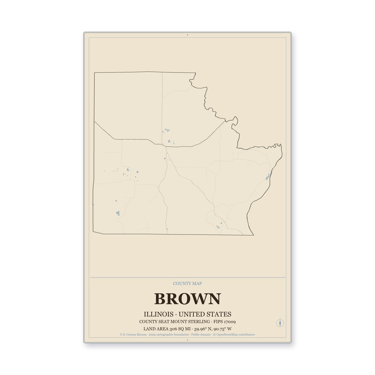 Brown County, Illinois Map Aluminum Sign in Heritage Nautical style