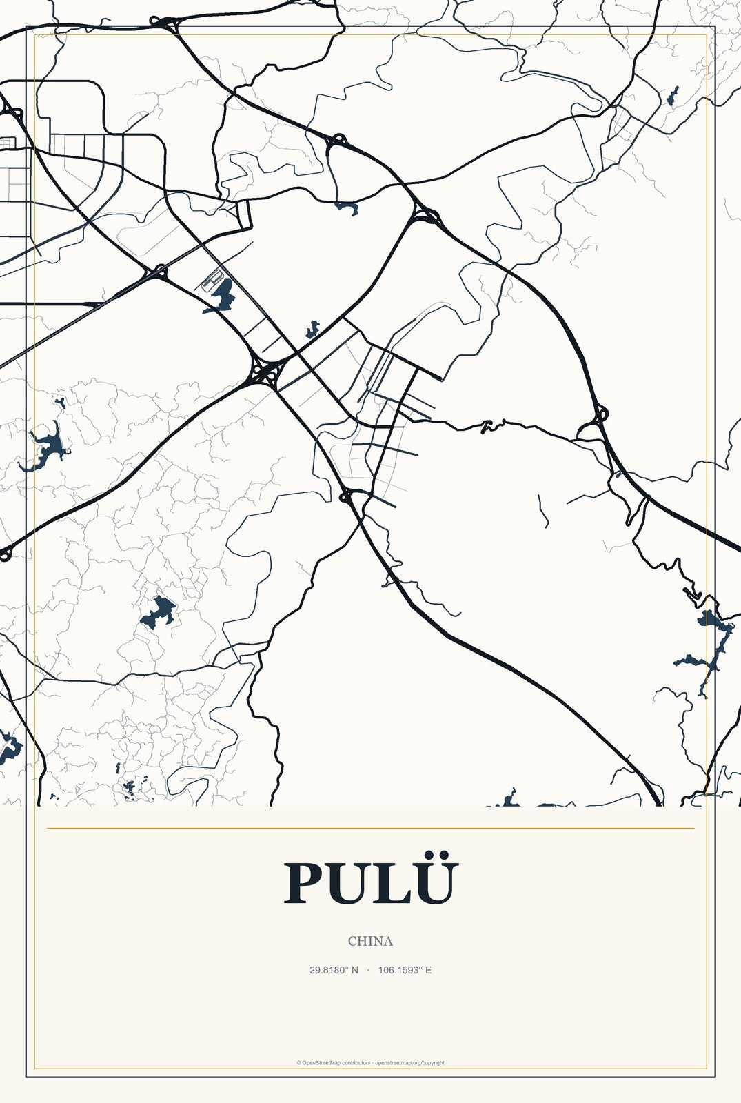 Pulü, China City Map Aluminum Sign in Citrine Modern style
