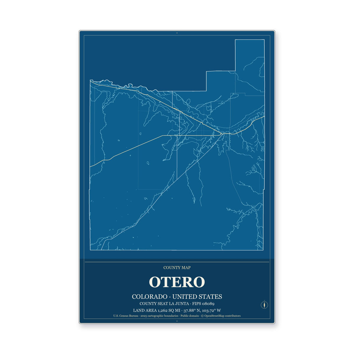 Otero County, Colorado Map Aluminum Sign in Harbor Cobalt style