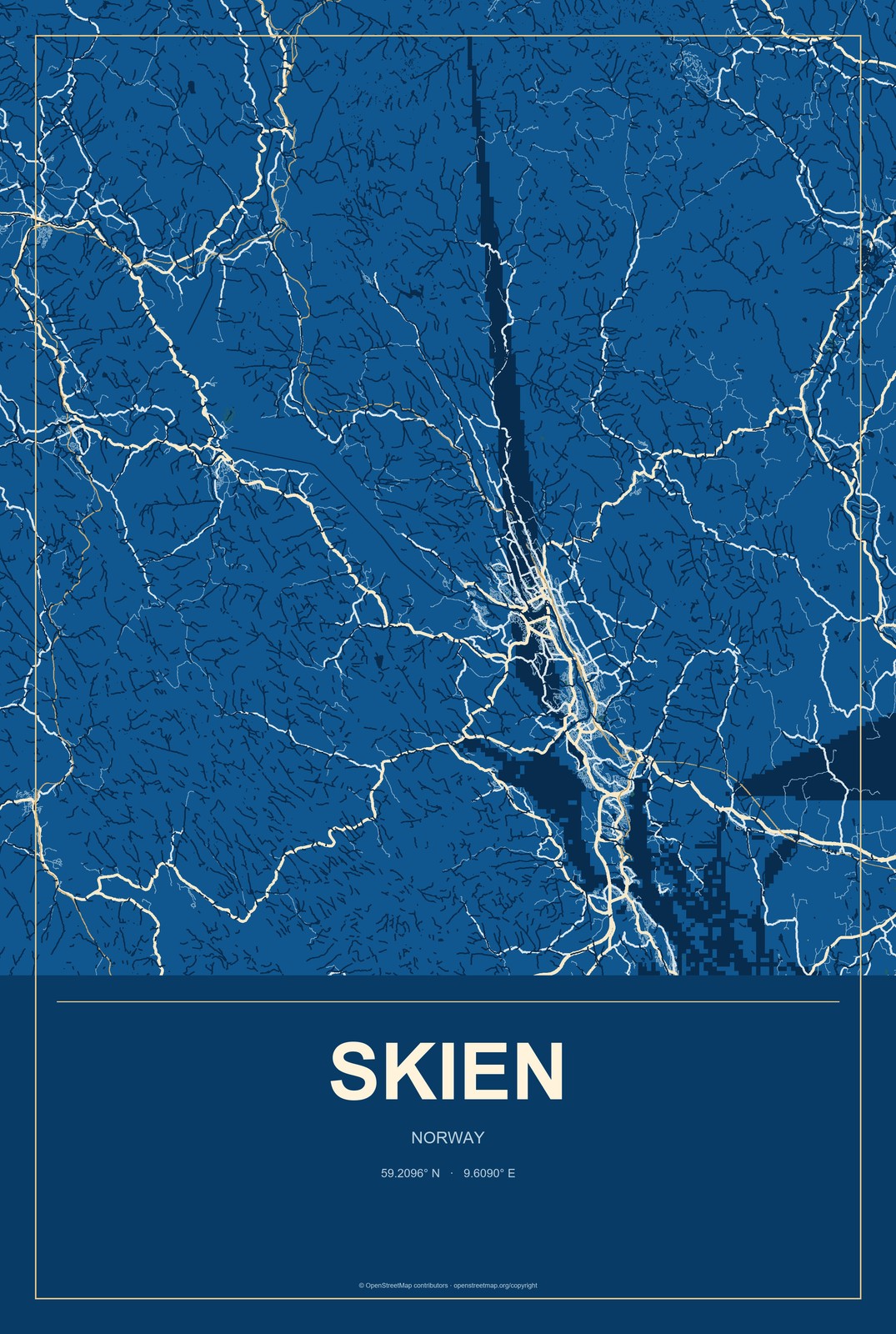 Skien, Norway City Map Aluminum Sign in Harbor Cobalt style