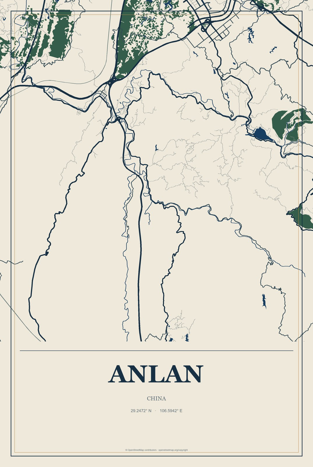 Anlan, China City Map Aluminum Sign in Coastal Cutout style