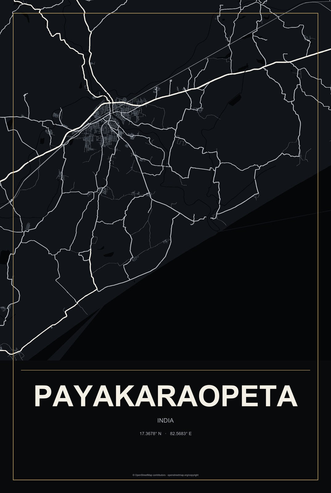 Payakaraopeta, India City Map Aluminum Sign in Metropolitan Noir style