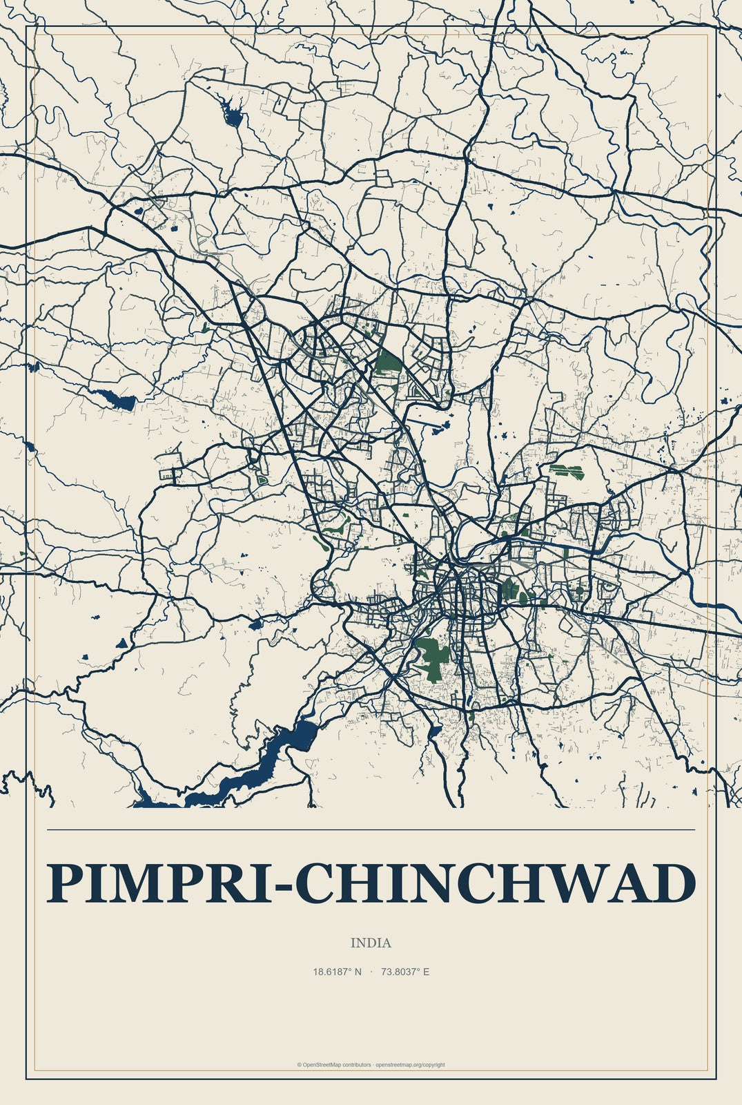 Pimpri-Chinchwad, India City Map Aluminum Sign in Coastal Cutout style