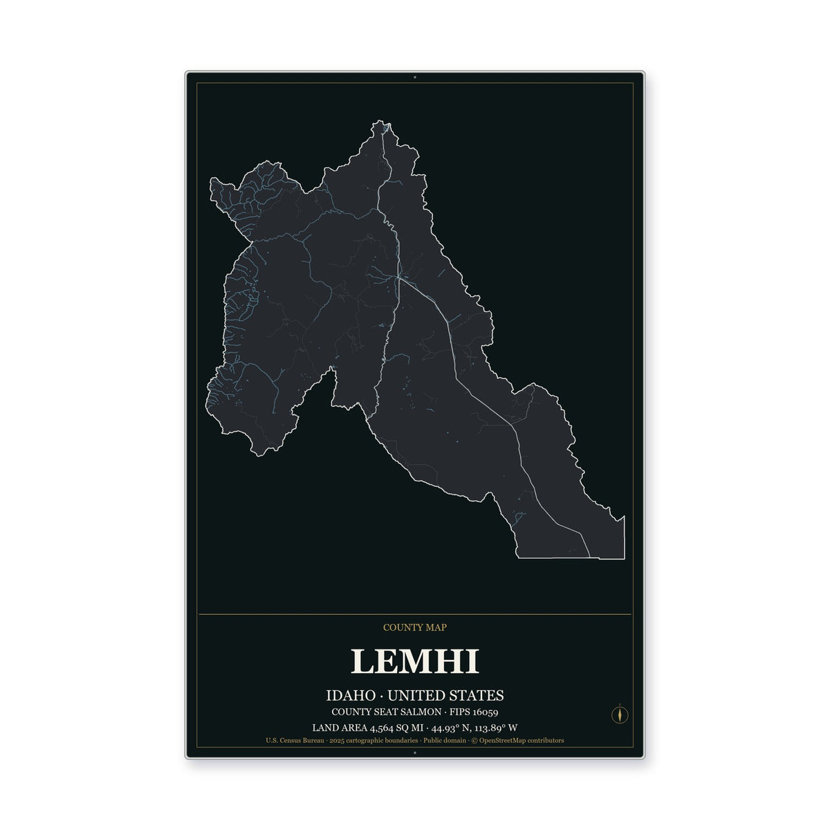 Lemhi County, Idaho Map Aluminum Sign in Metropolitan Noir style