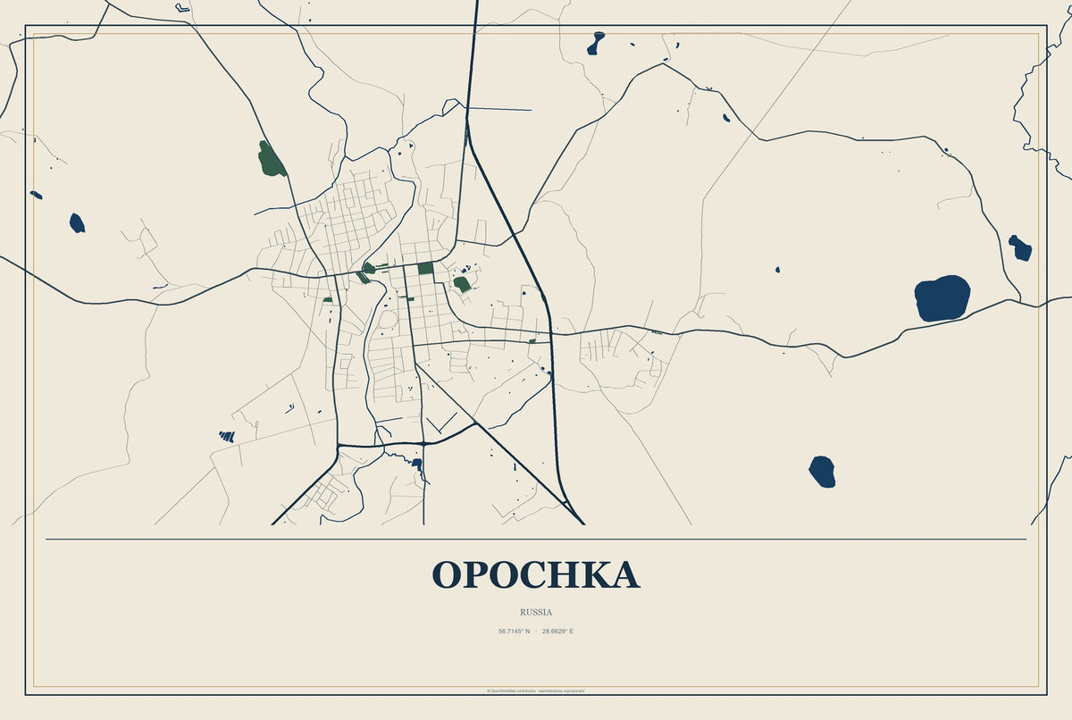 Opochka, Russia City Map Aluminum Sign in Coastal Cutout style