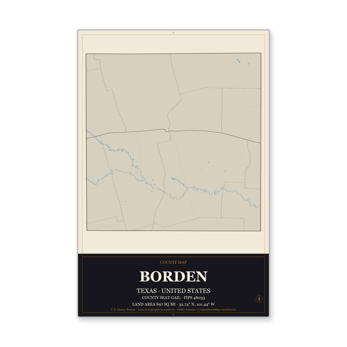 Borden County, Texas Map Aluminum Sign in Museum Plaque style
