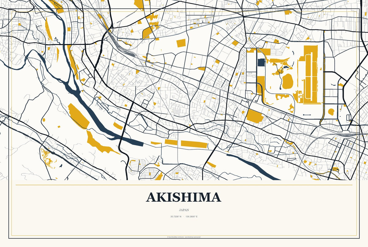 Akishima, Japan City Map Aluminum Sign in Citrine Modern style