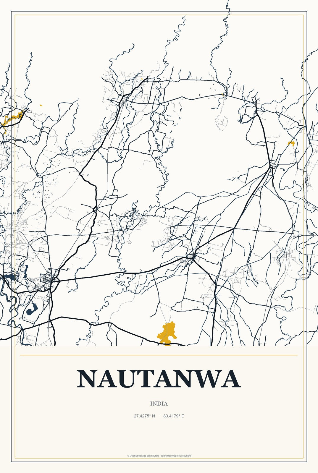 Nautanwa, India City Map Aluminum Sign in Citrine Modern style