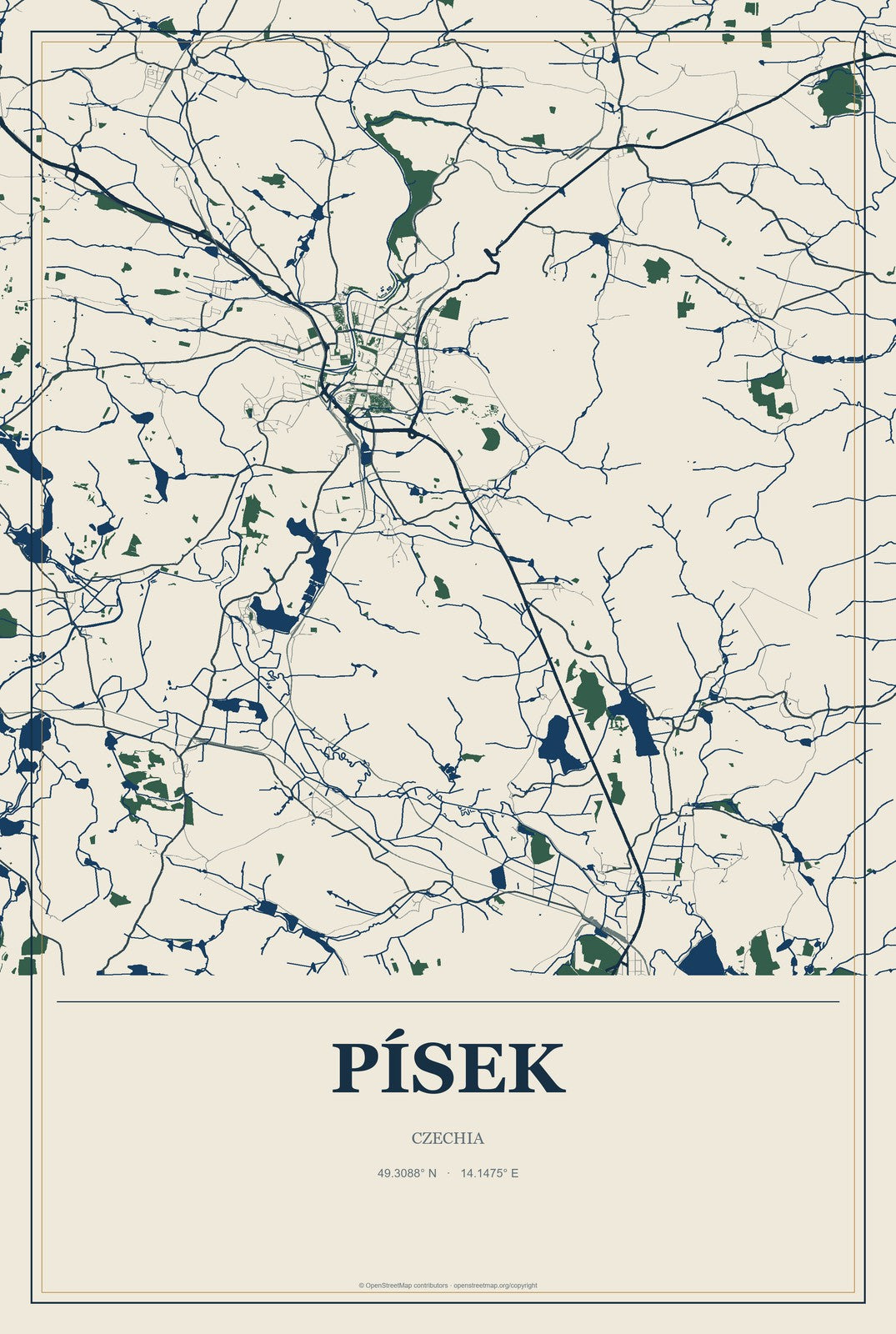 Písek, Czechia City Map Aluminum Sign in Coastal Cutout style