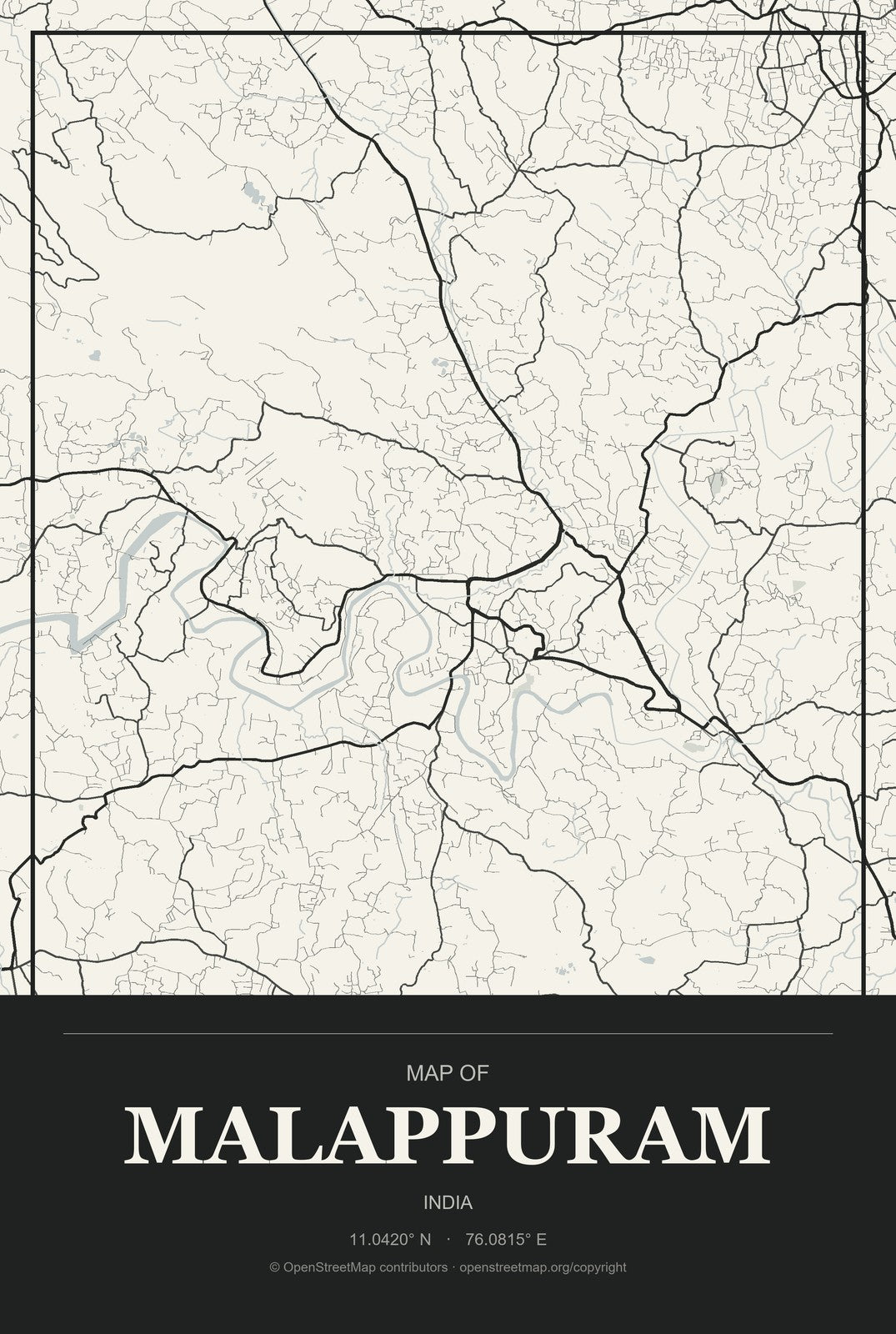 Malappuram, India City Map Aluminum Sign in Museum Plaque style