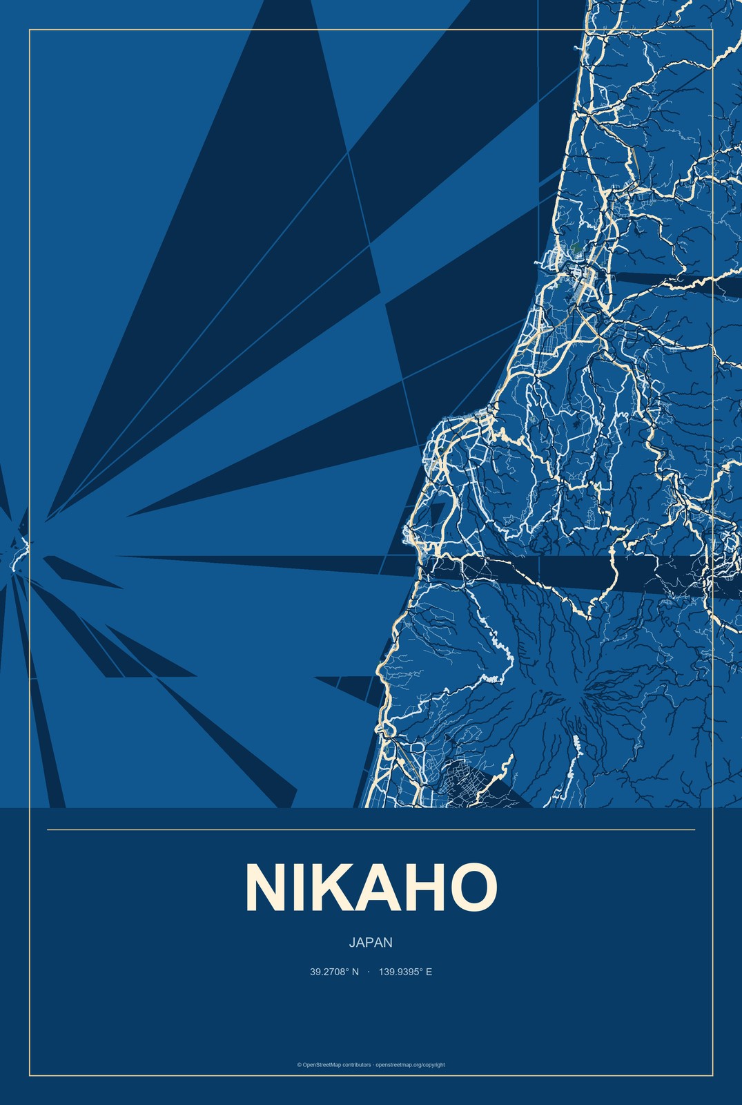 Nikaho, Japan City Map Aluminum Sign in Harbor Cobalt style