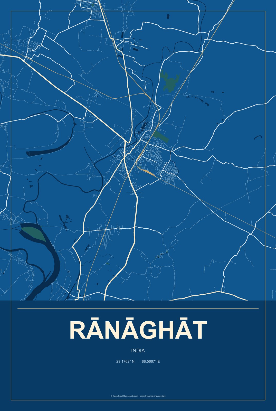 Rānāghāt, India City Map Aluminum Sign in Harbor Cobalt style