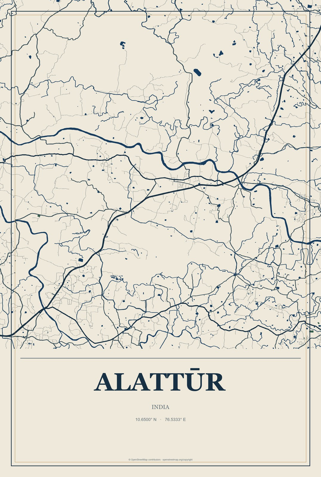 Alattūr, India City Map Aluminum Sign in Coastal Cutout style