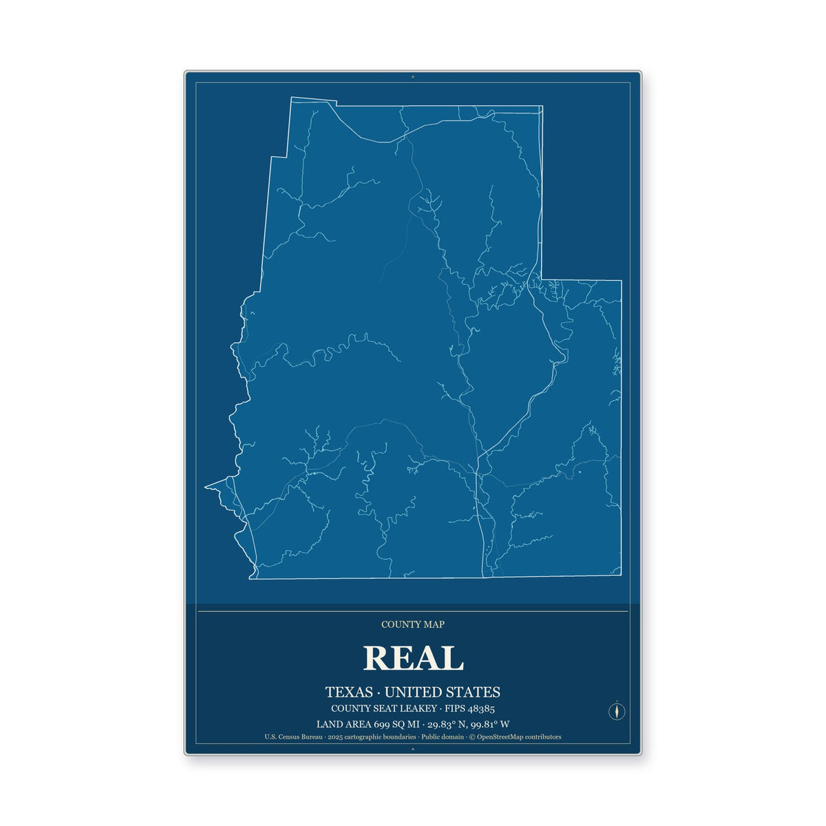 Real County, Texas Map Aluminum Sign in Harbor Cobalt style
