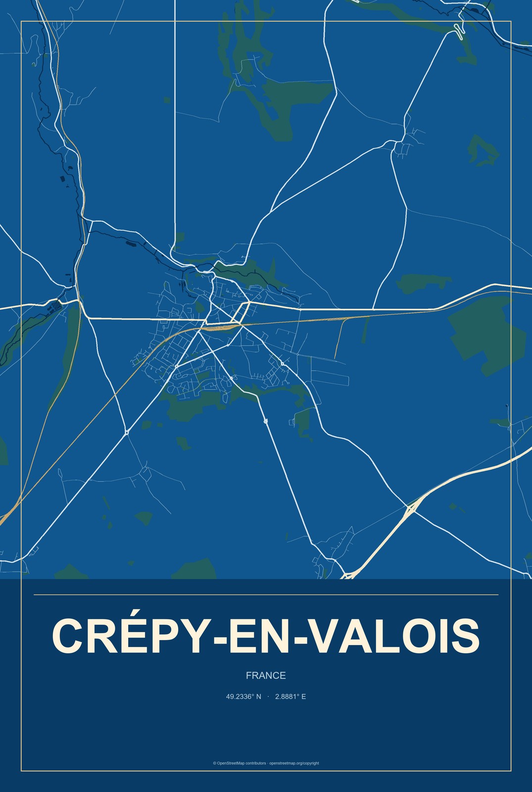 Crépy-en-Valois, France City Map Aluminum Sign in Harbor Cobalt style
