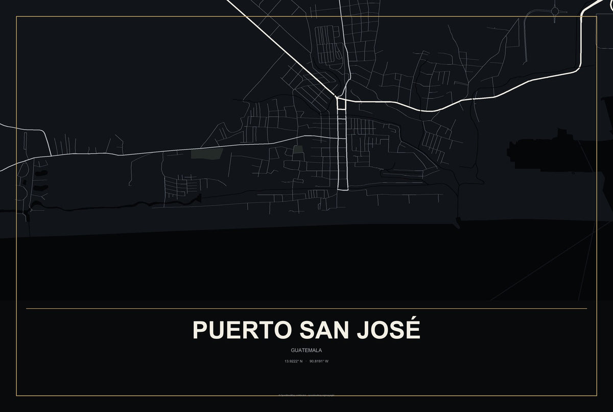 Puerto San José, Guatemala City Map Aluminum Sign in Metropolitan Noir style