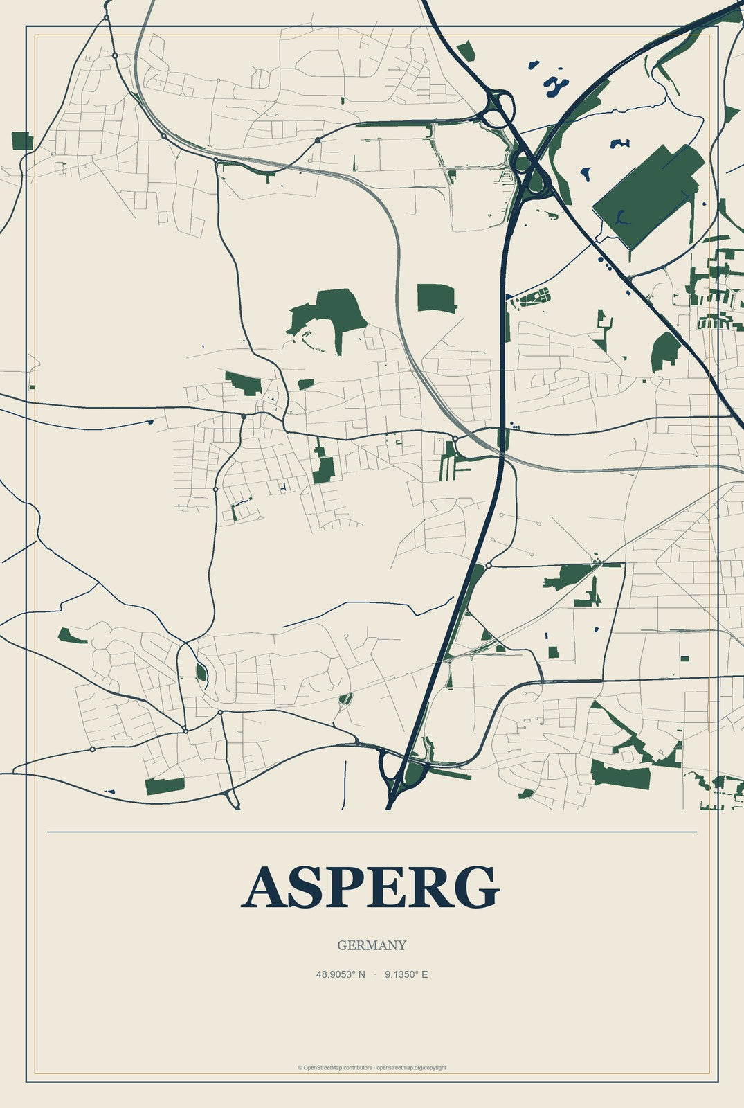 Asperg, Germany City Map Aluminum Sign in Coastal Cutout style