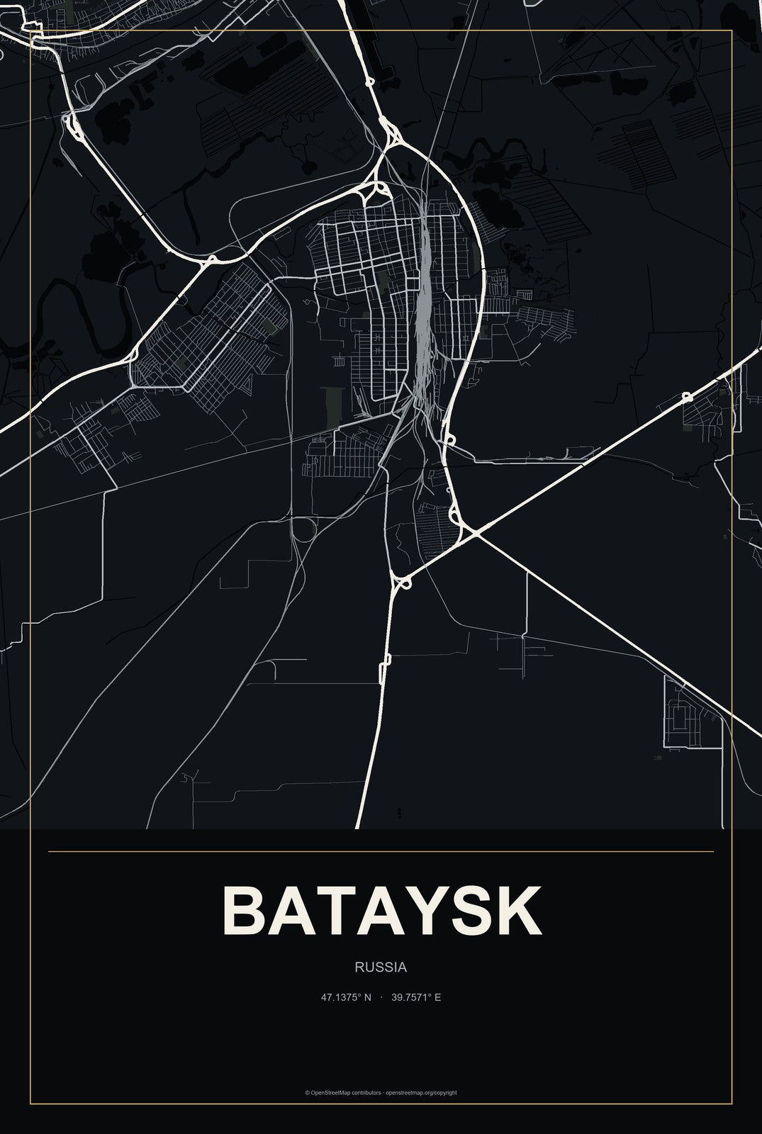 Bataysk, Russia City Map Aluminum Sign in Metropolitan Noir style