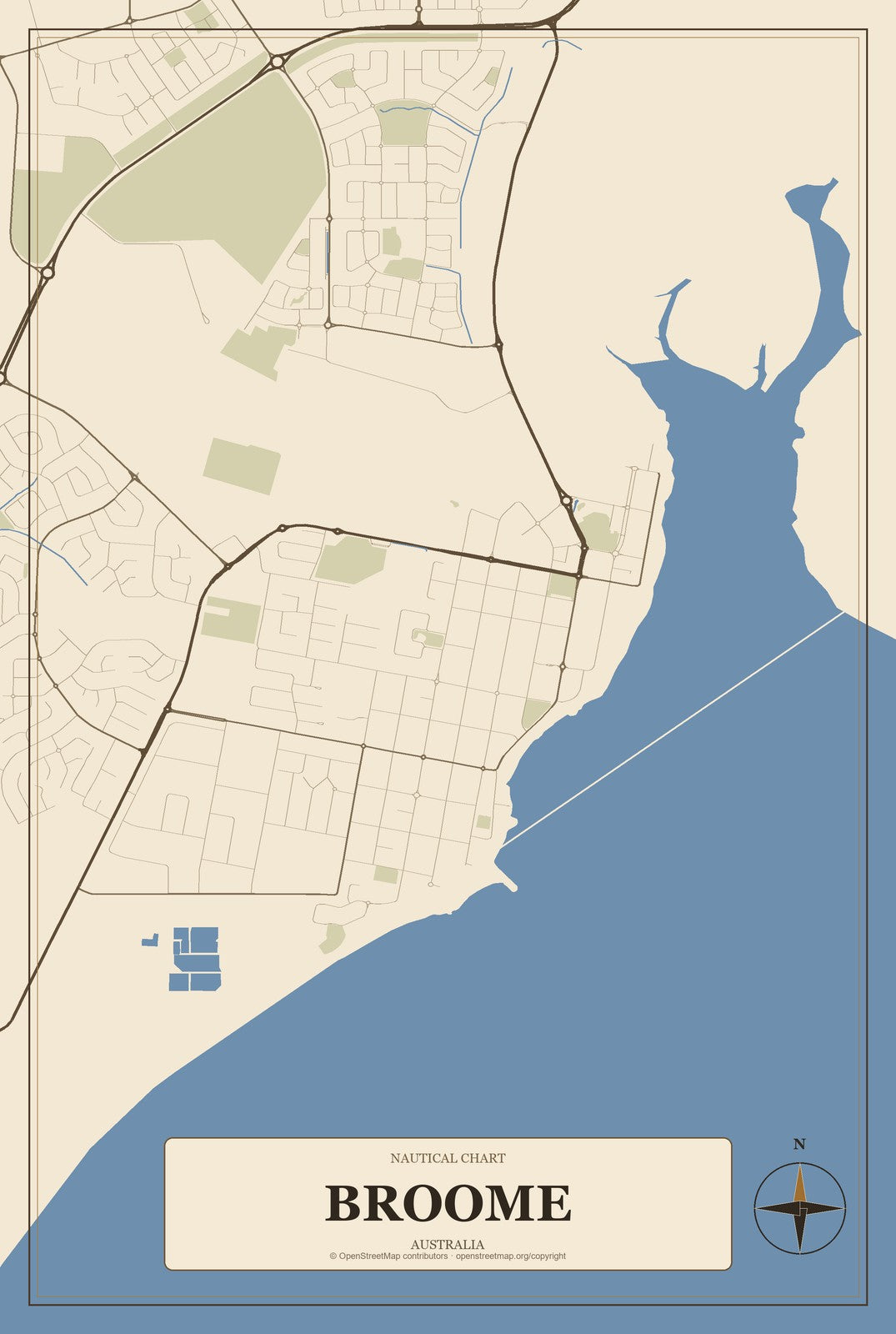 Broome, Australia City Map Aluminum Sign in Heritage Nautical style