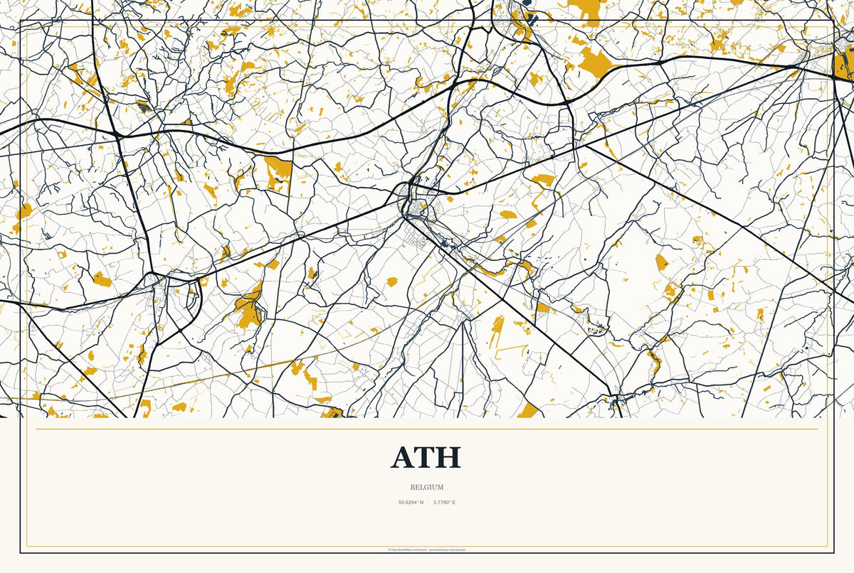 Ath, Belgium City Map Aluminum Sign in Citrine Modern style
