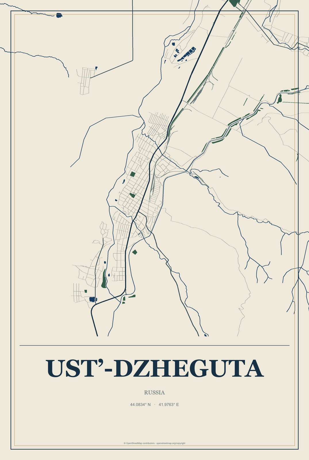 Ust’-Dzheguta, Russia City Map Aluminum Sign in Coastal Cutout style