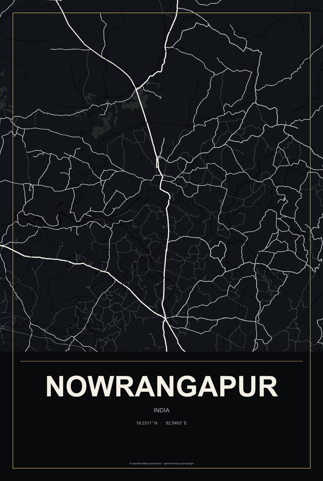 Nowrangapur, India City Map Aluminum Sign in Metropolitan Noir style
