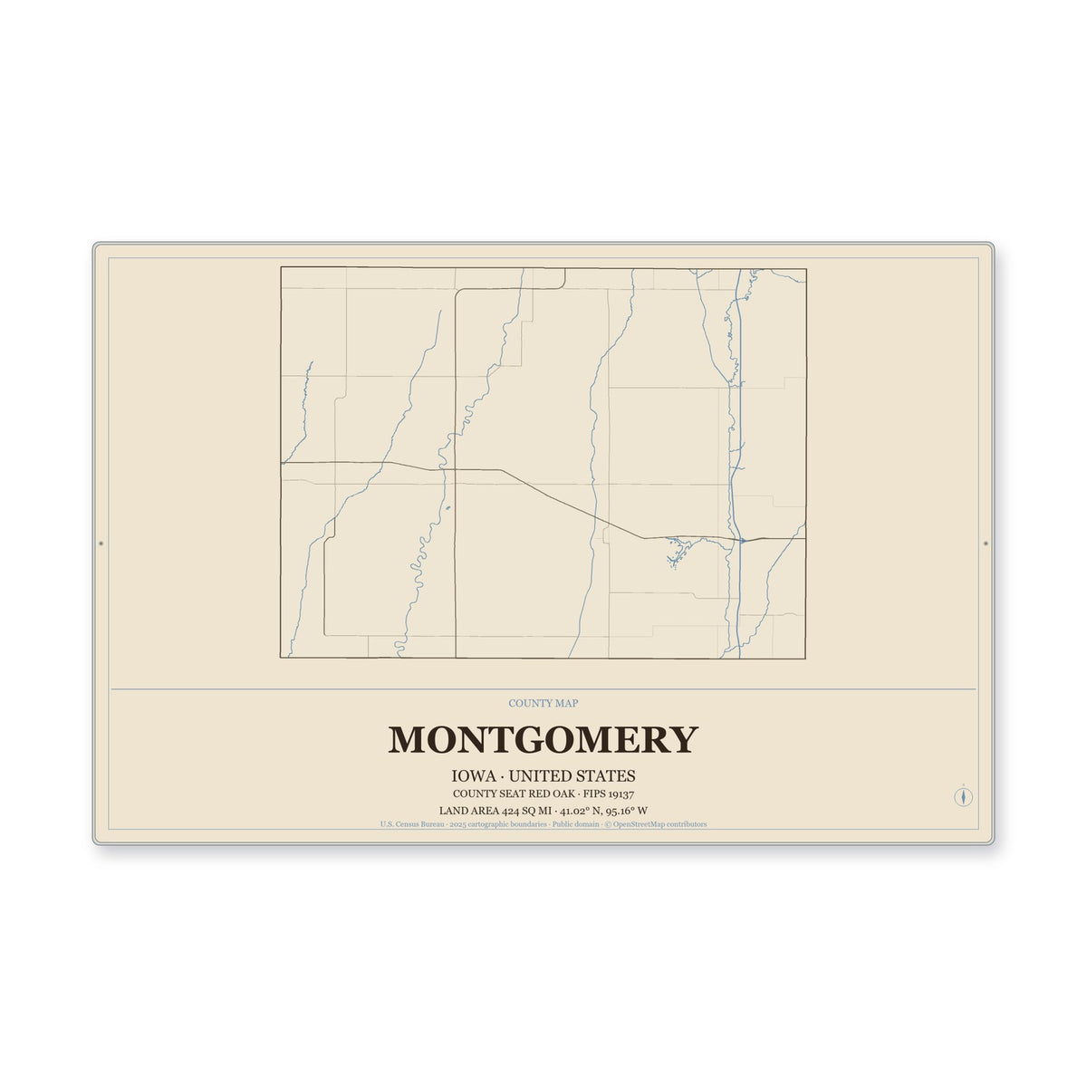 Montgomery County, Iowa Map Aluminum Sign in Heritage Nautical style