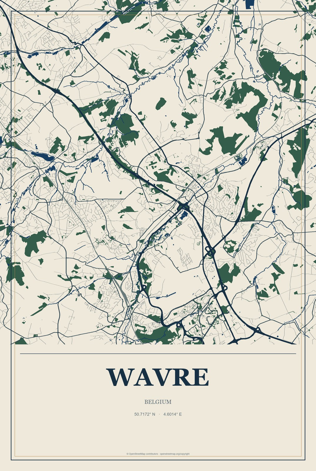 Wavre, Belgium City Map Aluminum Sign in Coastal Cutout style