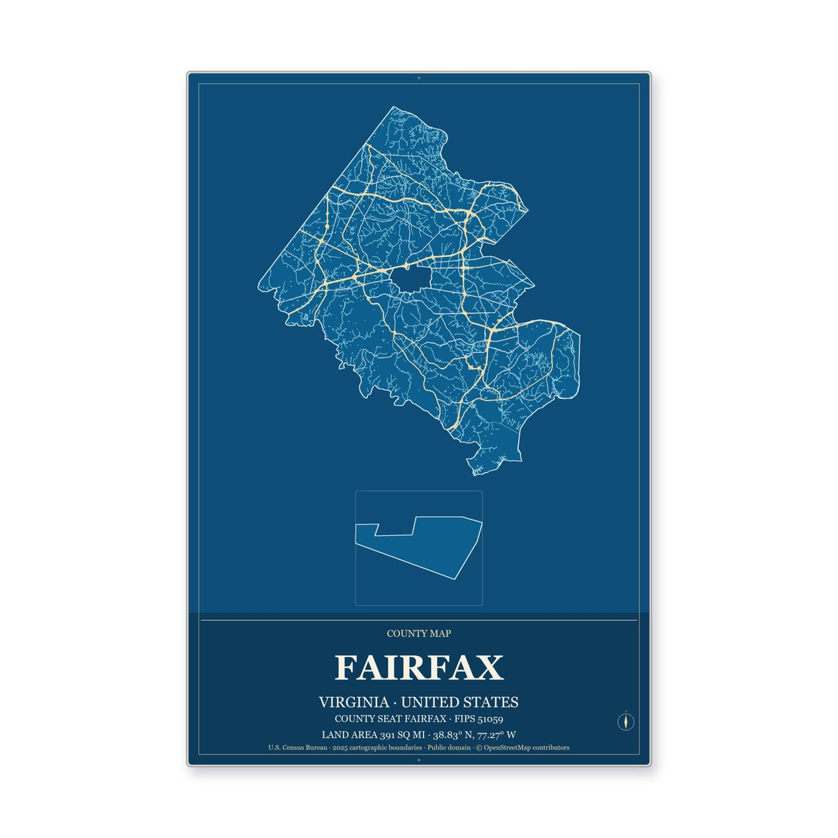 Fairfax County, Virginia Map Aluminum Sign in Harbor Cobalt style
