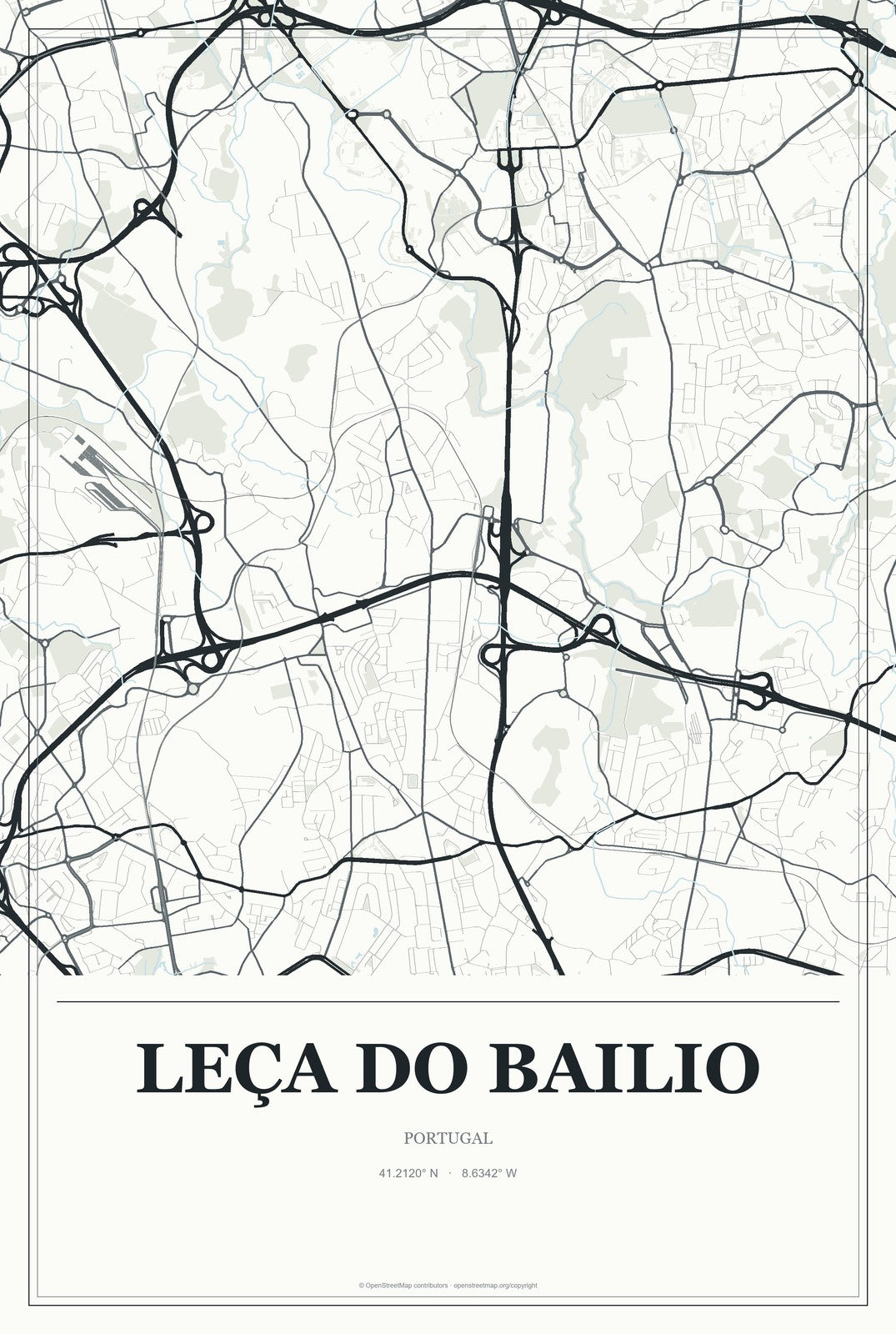 Leça do Bailio, Portugal City Map Aluminum Sign in Gallery Air style