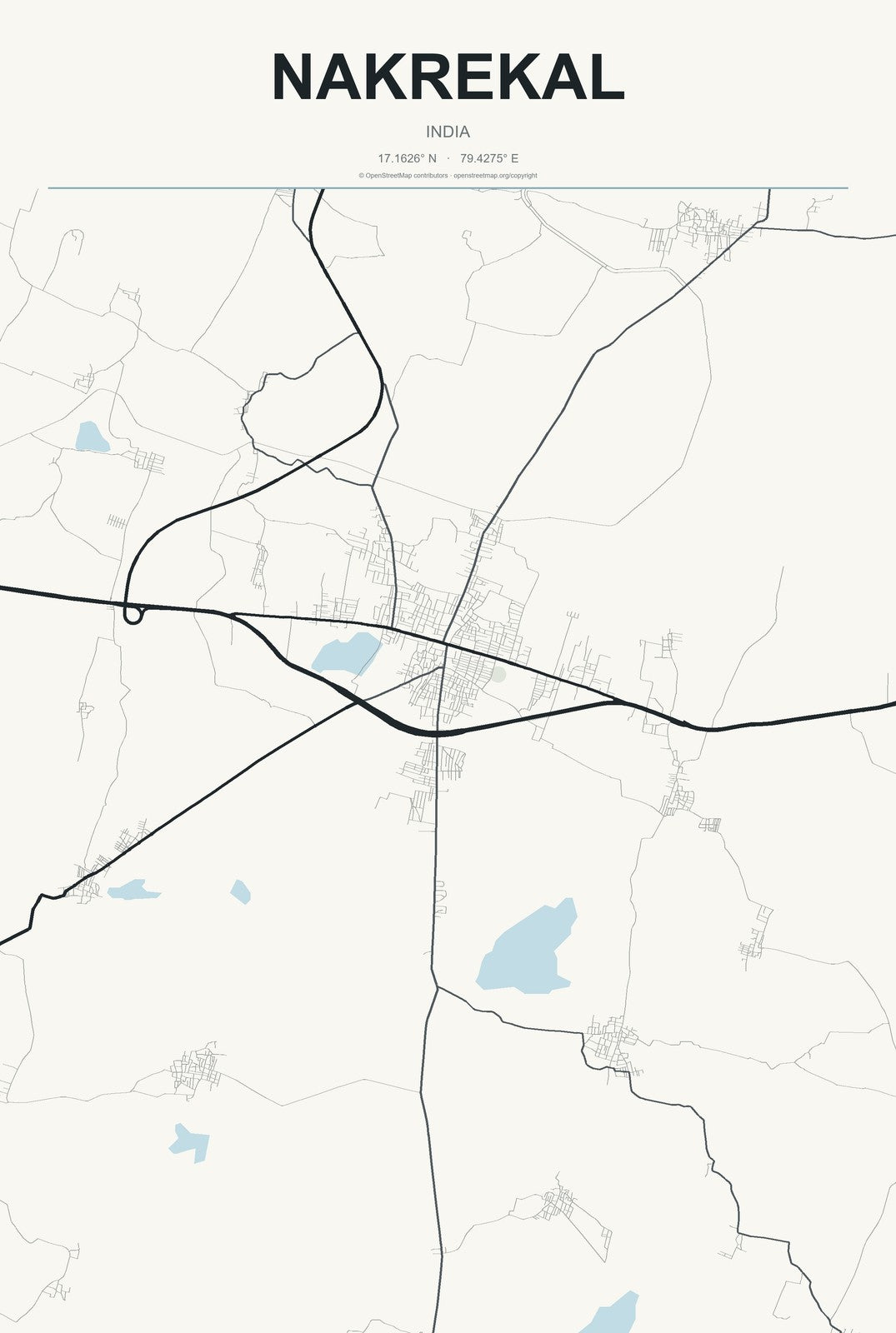 Nakrekal, India City Map Aluminum Sign in Headline Atlas style