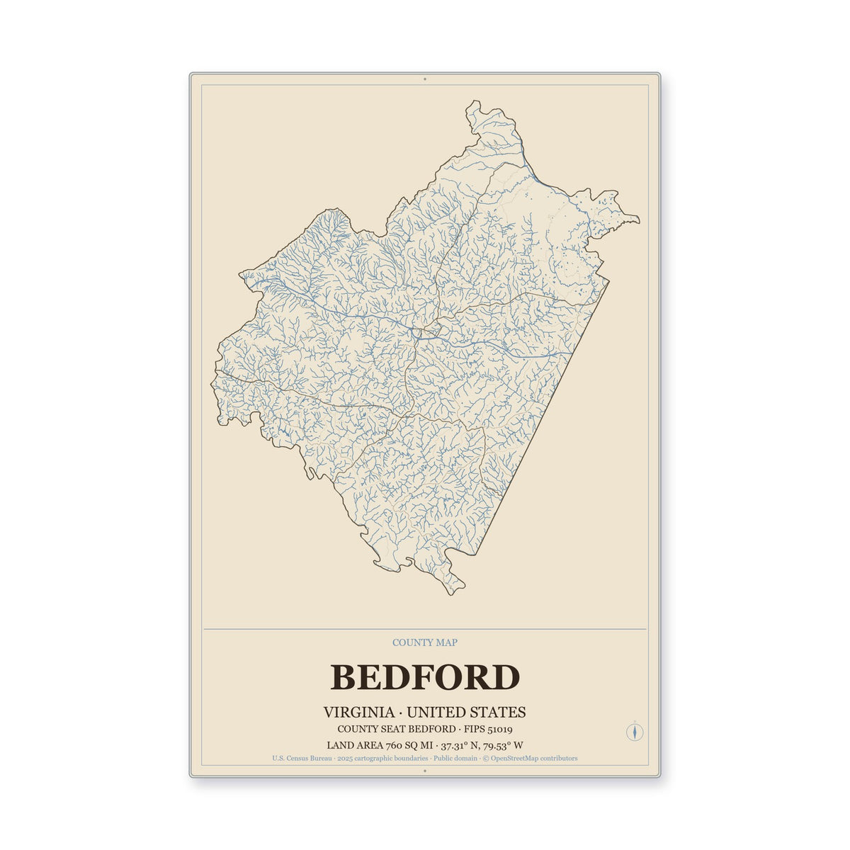 Bedford County, Virginia Map Aluminum Sign in Heritage Nautical style