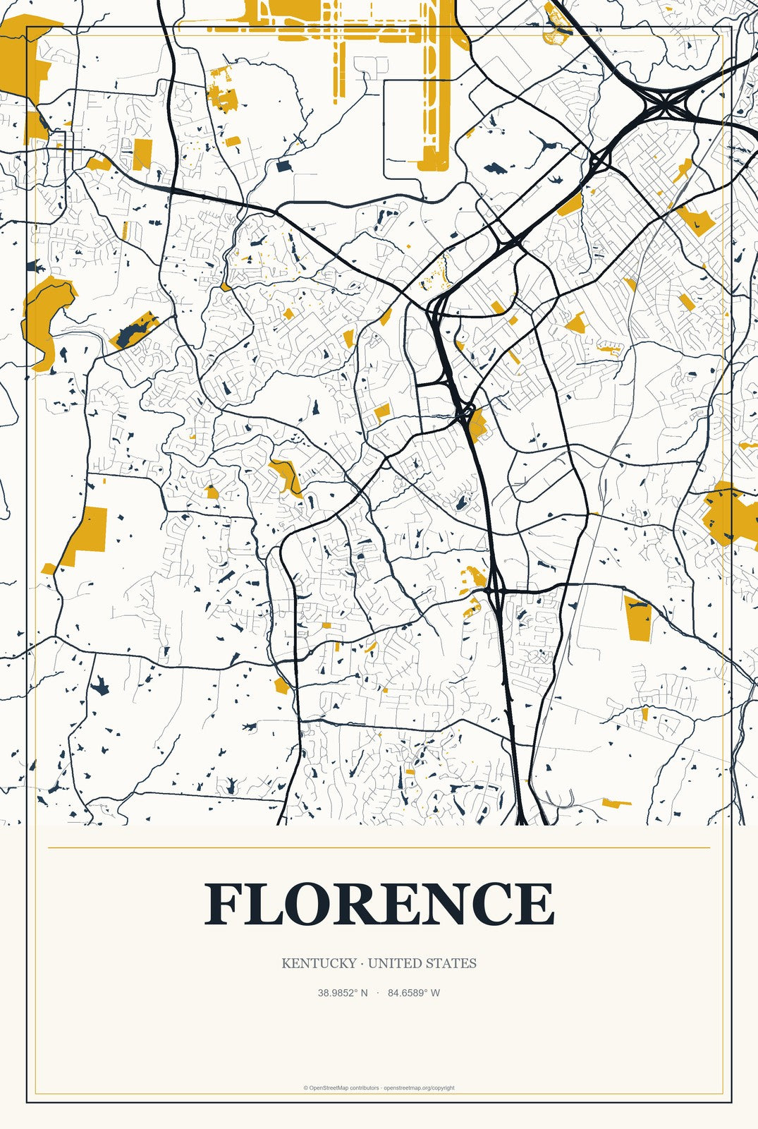 Florence, Kentucky City Map Aluminum Sign in Citrine Modern style