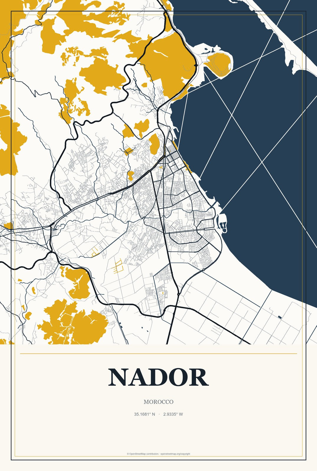 Nador, Morocco City Map Aluminum Sign in Citrine Modern style