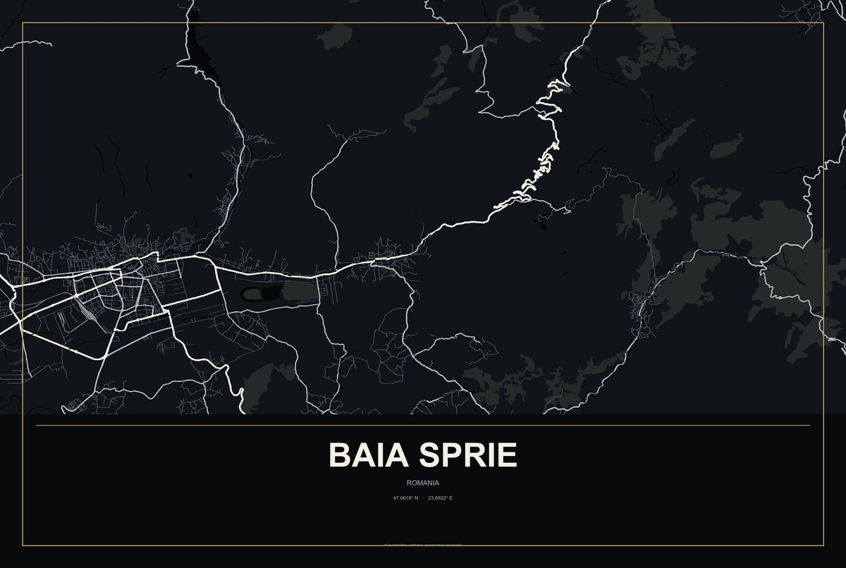 Baia Sprie, Romania City Map Aluminum Sign in Metropolitan Noir style