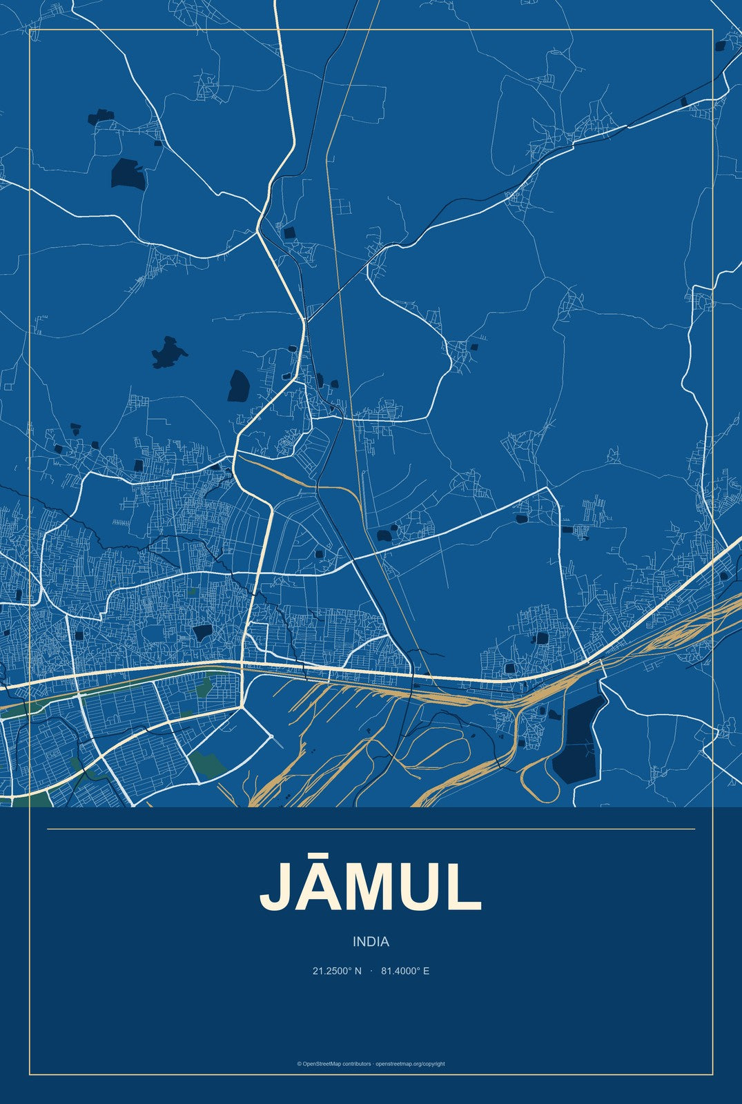 Jāmul, India City Map Aluminum Sign in Harbor Cobalt style