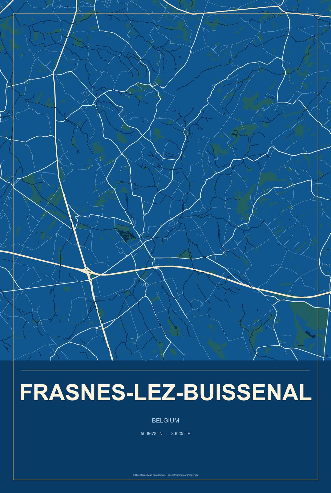 Frasnes-lez-Buissenal, Belgium City Map Aluminum Sign in Harbor Cobalt style