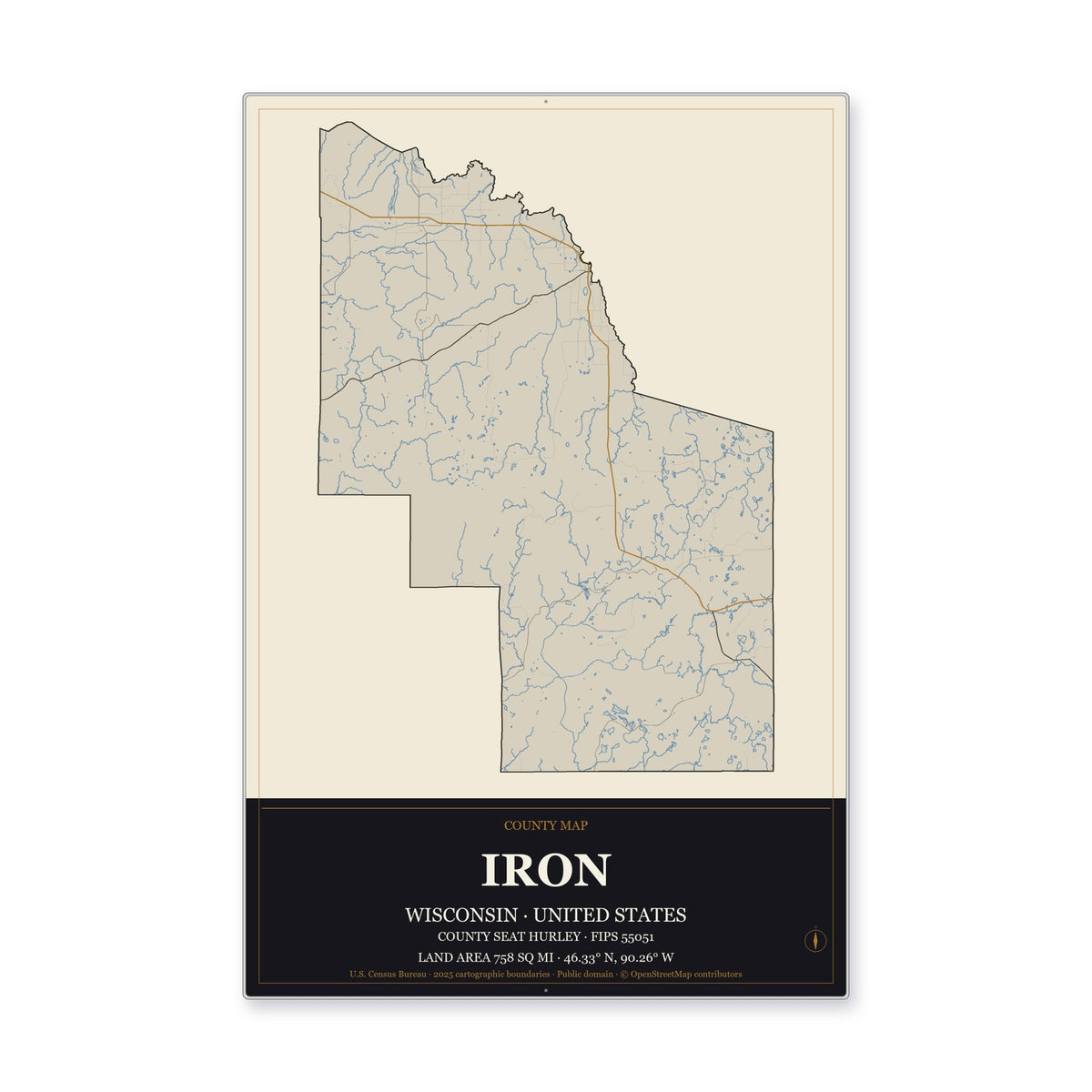 Iron County, Wisconsin Map Aluminum Sign in Museum Plaque style