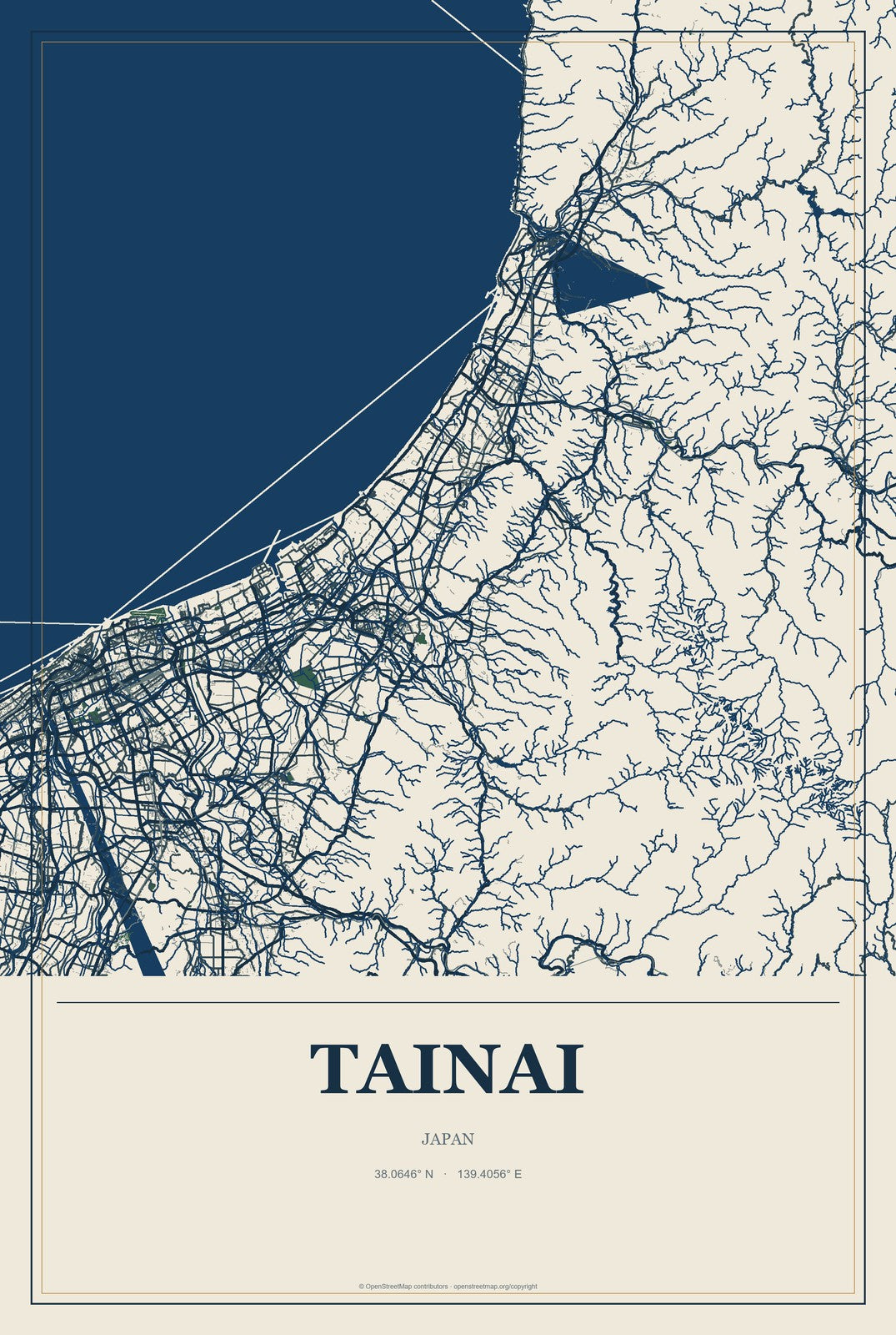 Tainai, Japan City Map Aluminum Sign in Coastal Cutout style