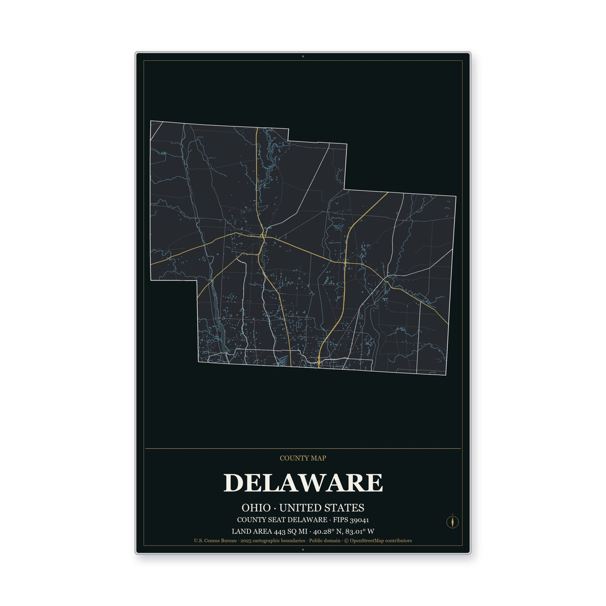 Delaware County, Ohio Map Aluminum Sign in Metropolitan Noir style