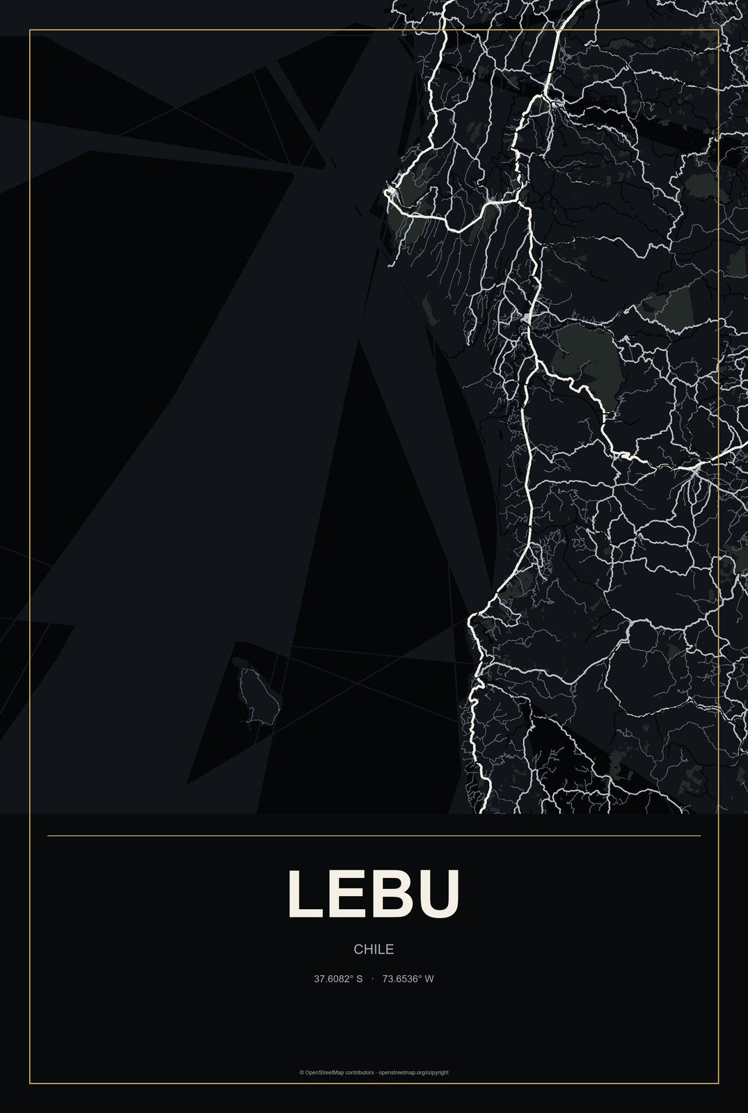 Lebu, Chile City Map Aluminum Sign in Metropolitan Noir style